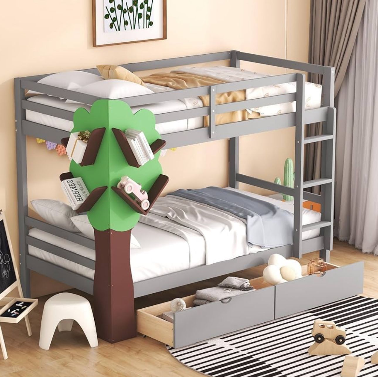 Kids Twin-Over-Twin Bunk Bed with a Tree Decor and Two Storage Drawers