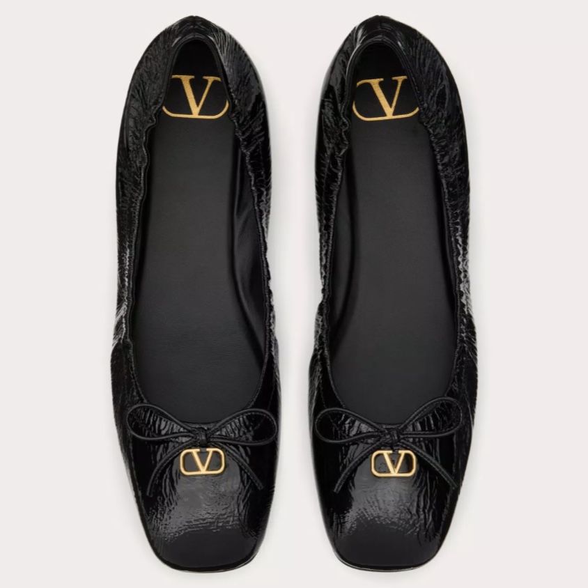 VALENTINO GARABANI V-LOGO BALLERINA FLAT BLACK PATENT LEATHER SZ 39.5 NEW SEASON