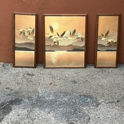 Flying geese 1970s home decor three panel art