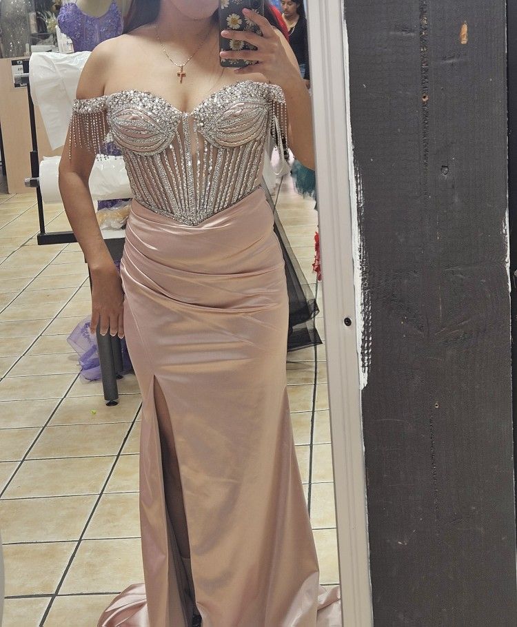 Formal Rose Gold Dress with Silver Stones
