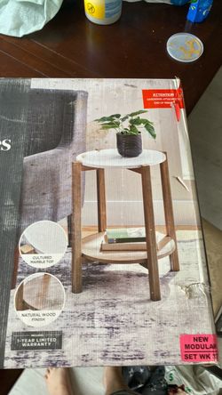 Round Side Table Cultured Marble Top Natural Wood