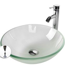 Tempered Glass Vessel Bathroom Vanity Sink Round Bowl with Chrome Faucet Pop-up Drain Combo(Frosted)

