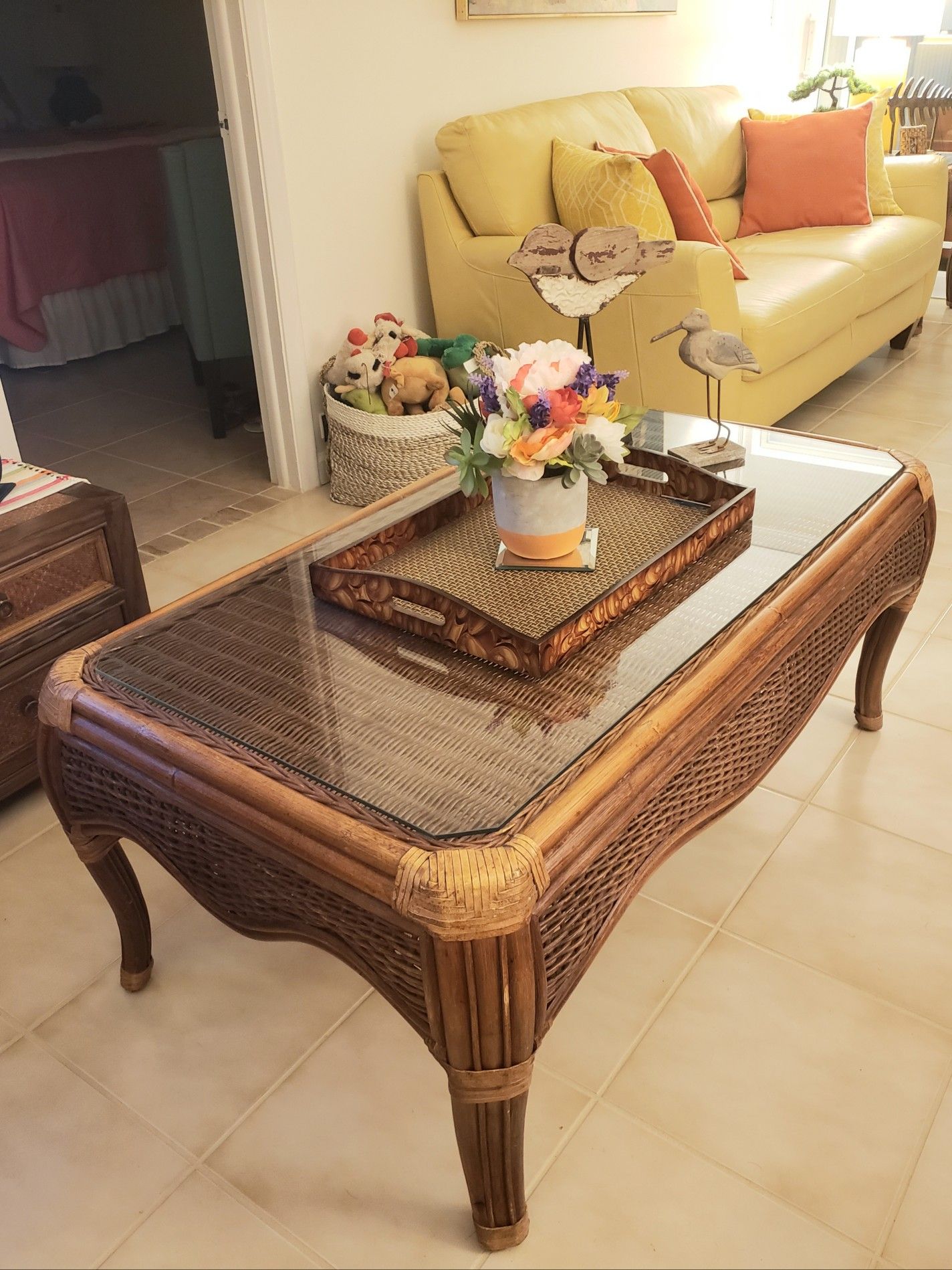 Coffee and two end tables. Rattan. Glass tops. Very good condition