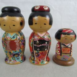 Japanese Kokeshi Vintage Wooden Dolls Family Pencil/Candle Holders


