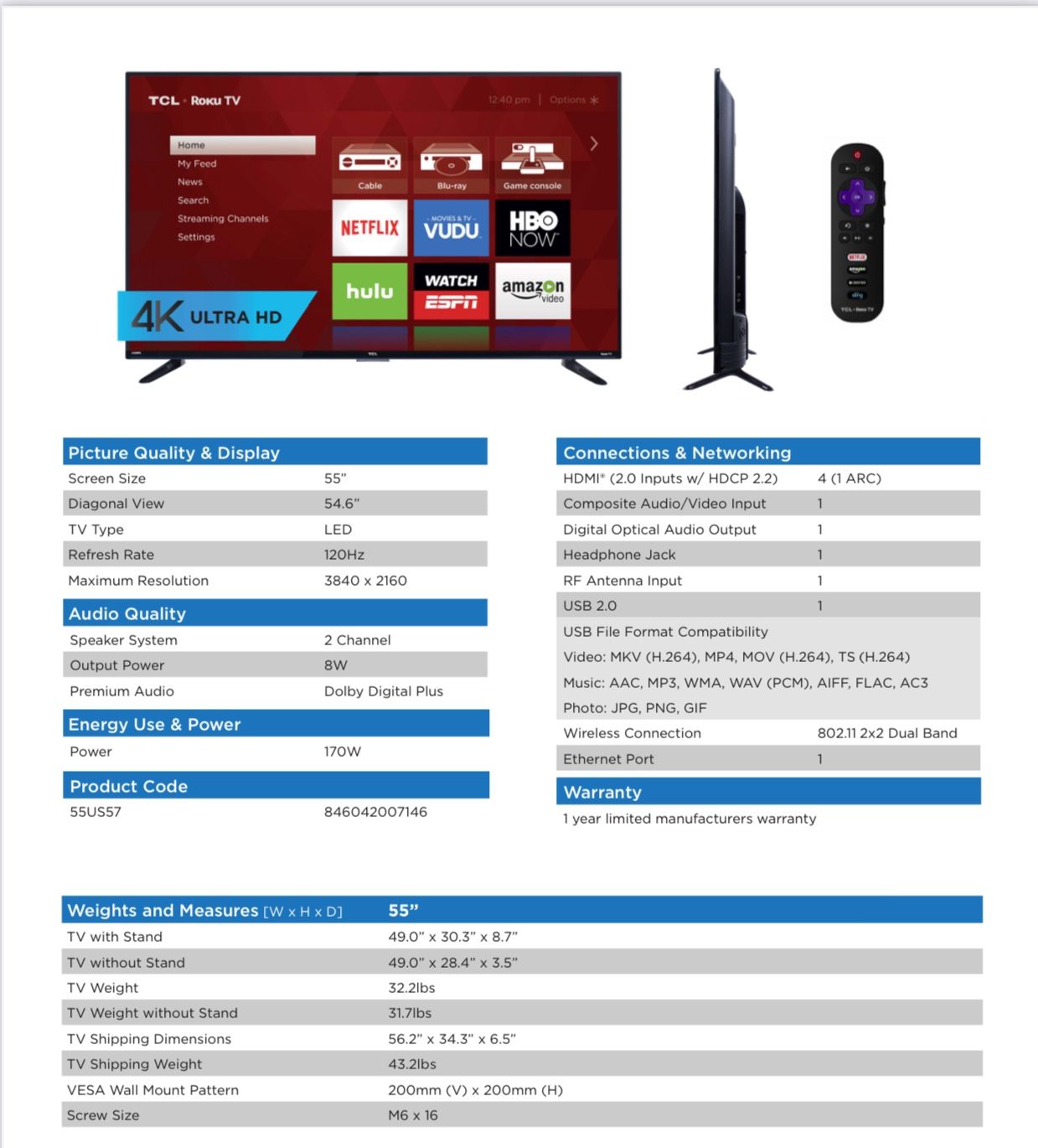 55” TCL 4k UHD Roku TV