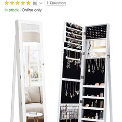 Costway Mirrored Jewelry Cabinet Lockable Standing Storage Organizer with Shelf White