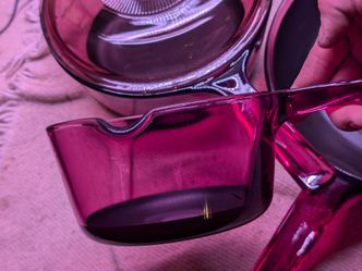 (Vintage 1986) Vision Glassware Limited 'Cranberry' colored glass pots and pan set MINT CONDITION