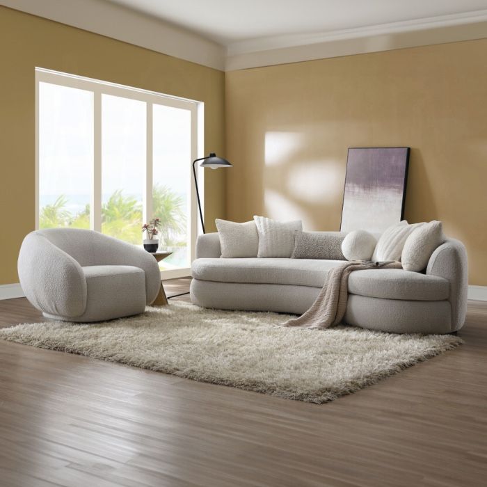 White Boucle Sofa With Matching Swivel Boucle Chair Free Delivery