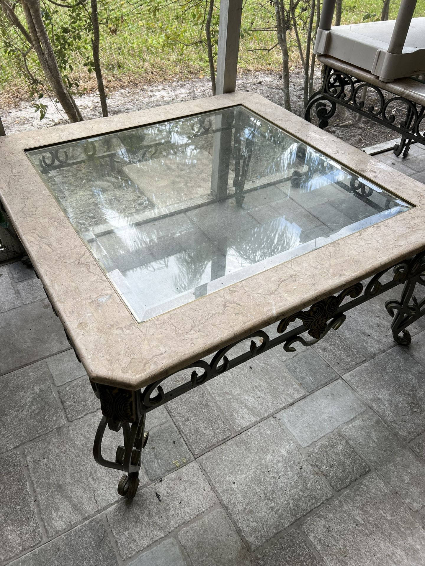 Iron Center And End Table Marble Metal Glass