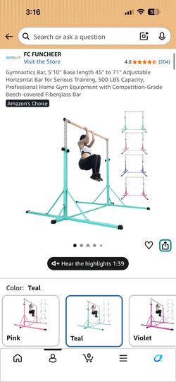 Gymnastics Bar (and free balance beam), 5'10” Base length; 45"-71" Adjustable Horizontal Bar Height, 500 LBS Capacity