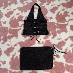 Black Satin Lace-Up Halter Top & Micro Mini Wrap Skirt Set – Coachella Baddie / Cosplay Lingerie 🖤✨