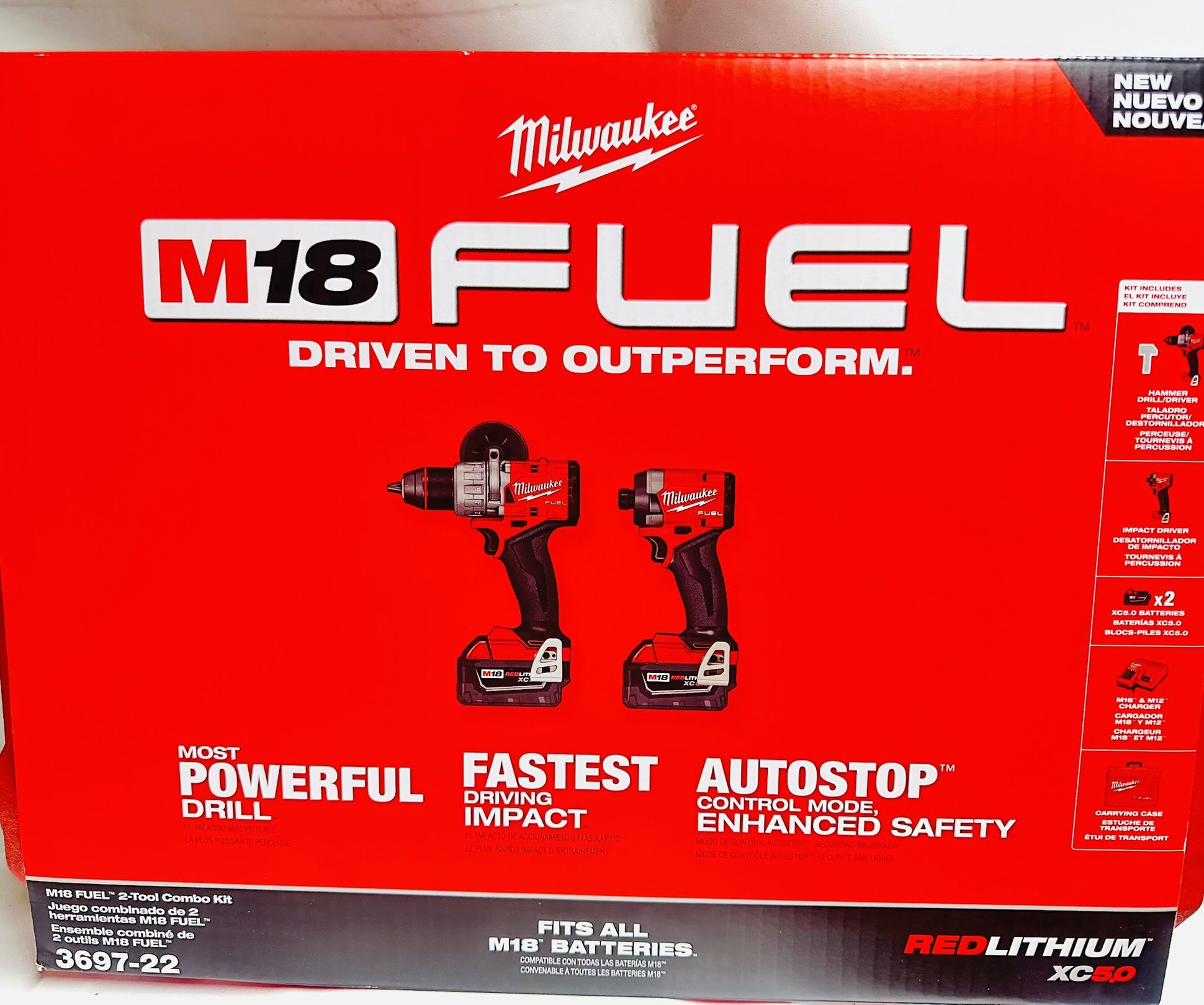 Milwaukee, M18 FUEL 18V Lithium Ion Brushless Cordless Hammer Drill and Impact Driver Combo Kit (2 Tool) with 2 Batteries