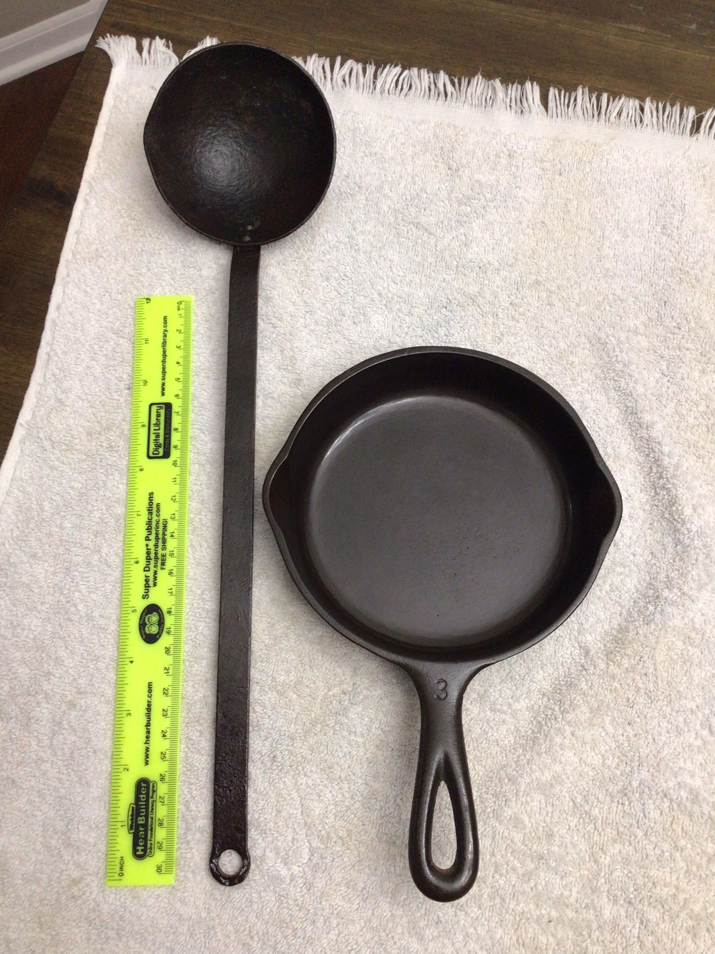 Antique Wagner Ware #1053 Size #3 Cast Iron Skillet with Cast Iron Ladle