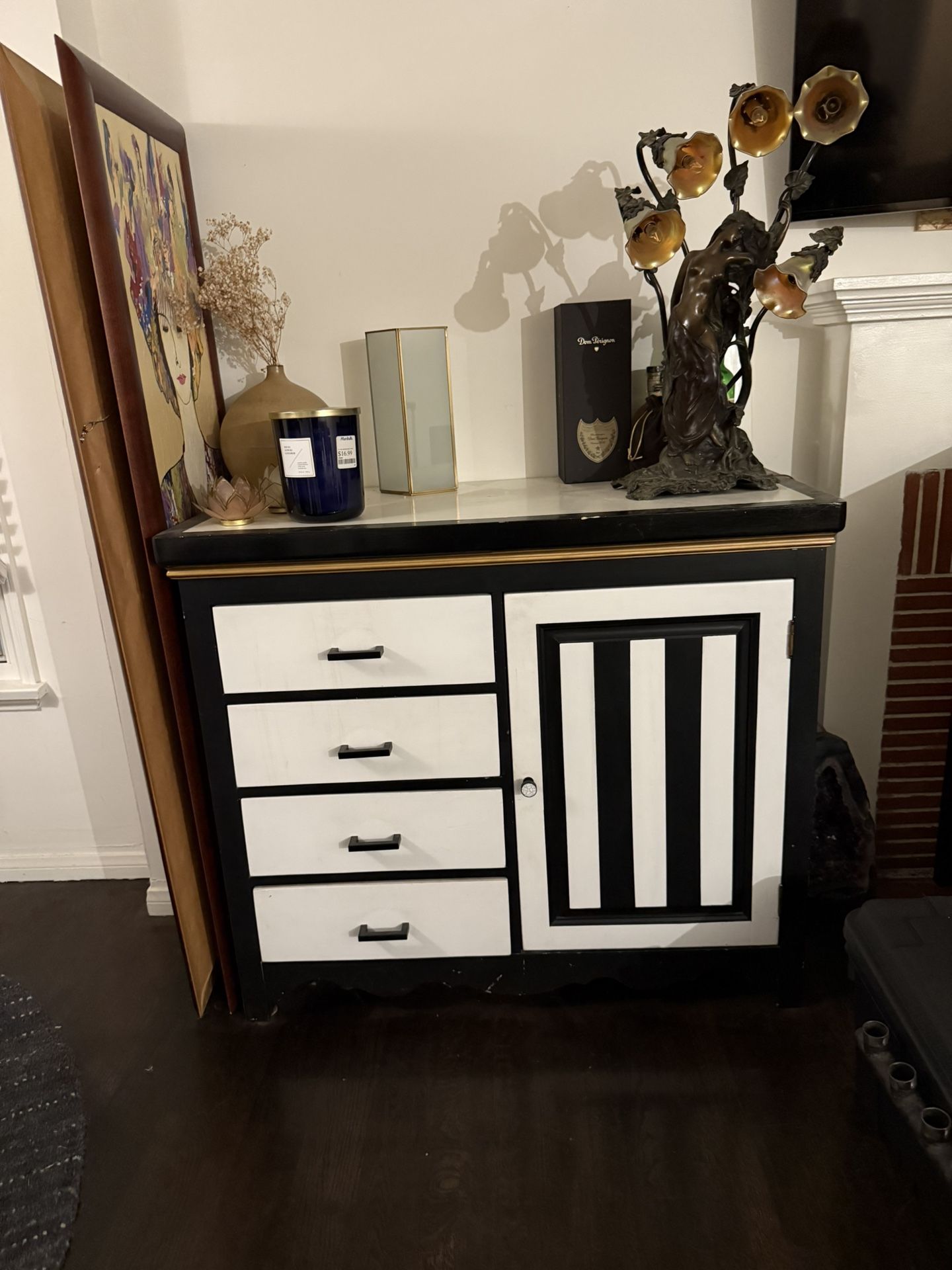 Black White Gold Stripe Custom Painted Bar Cabinet Storage Credenza Shelf Dresser Console Solid Wood