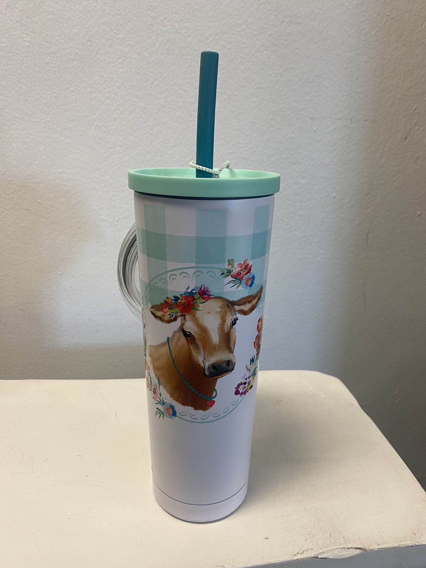 The Pioneer Woman Gingham Cow 27 fluid ounce Stainless Steel Tumbler with Hot & Cold Lids, White