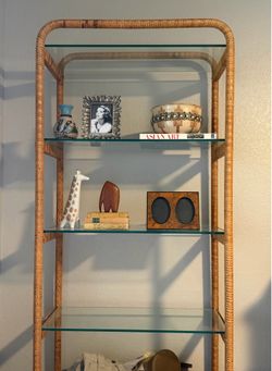 Vintage 70s Boho Curved Cornered Wrapped Rattan Etagere Bookshelf Display, Single or Pair
