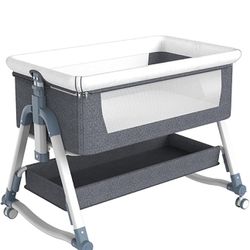 Baby Bedside Bassinet Sleeper, Portable Crib for Baby with Storage Basket and Wheels, Adjustable Height Easy Folding Bed Side Co Sleeper, Grey