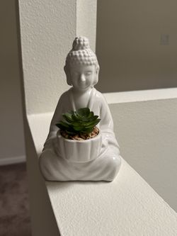 White Buddha Planter with Artificial Succulent