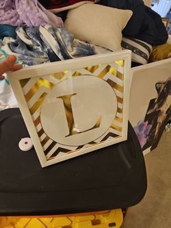 12x12 monogram L metallic gold framed art