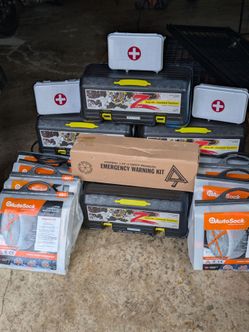 Snow chains, snow socks first aid kits and emergency triangles