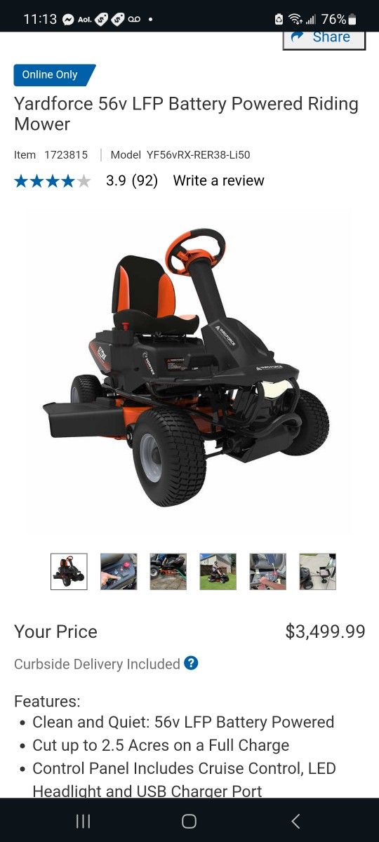 Yardforce 56v LFP Battery Powered Riding Mower $2800