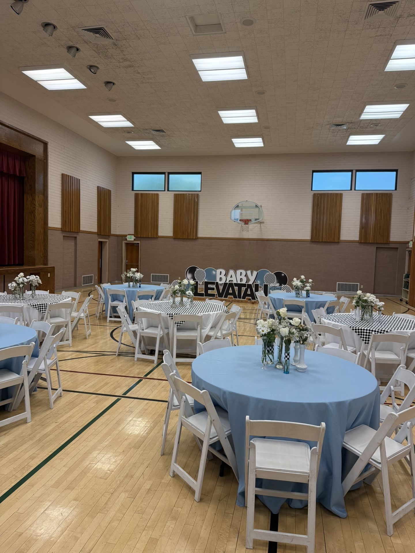 Dusty blue tablecloths 120”