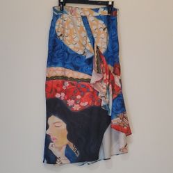Artsy &amp; Beautiful Printed midi skirt with ruffled trim slit size M 