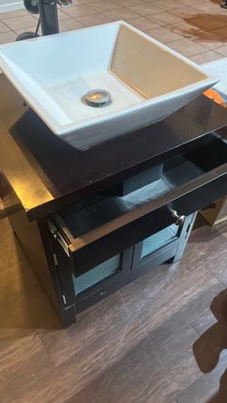 Bathroom Vanity w/ White Vessel Sink & Fauce