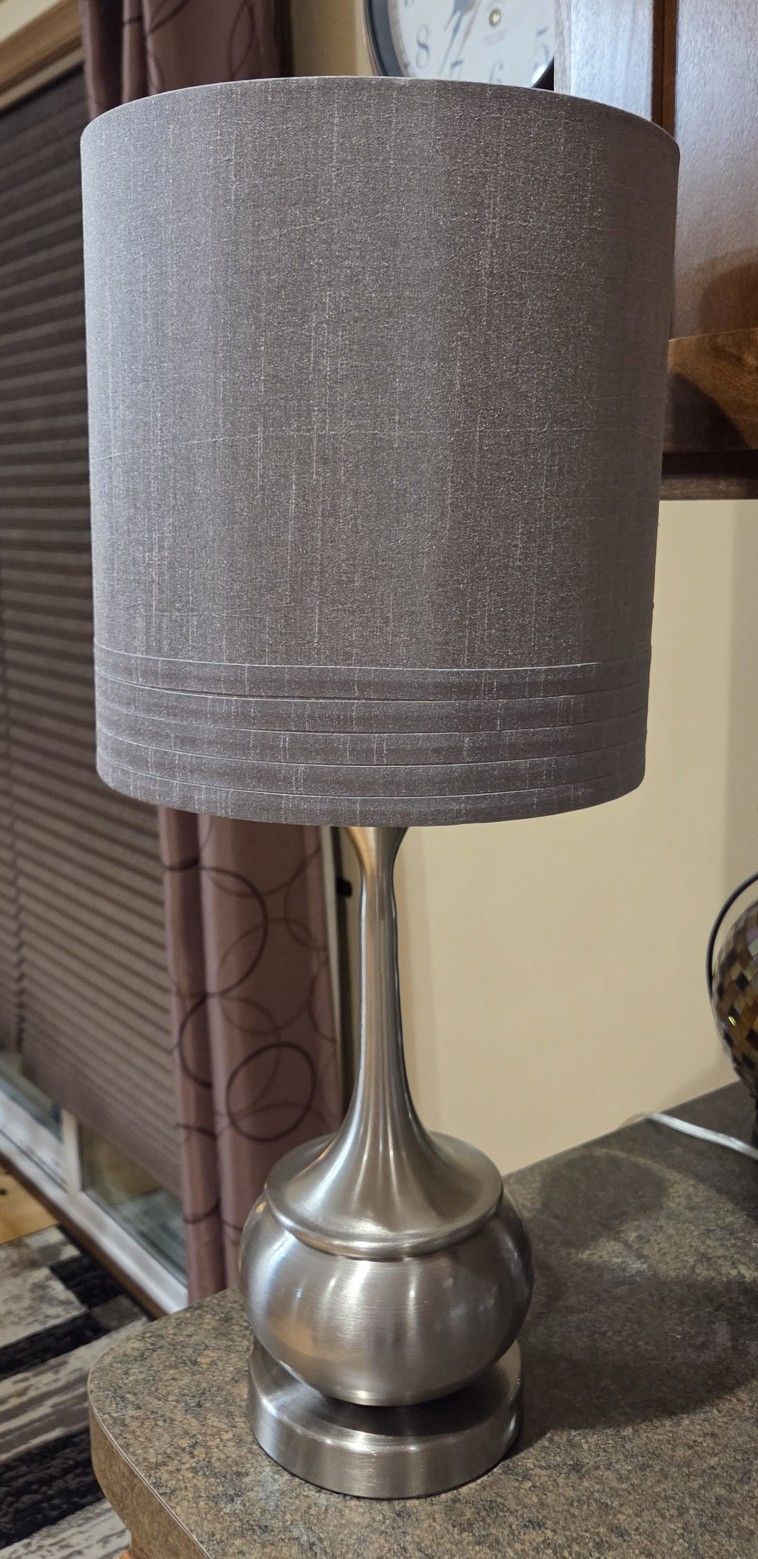 Silver Table Lamp (23.5" tall & 10" gray lamp shade diameter)