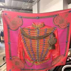 Hermès Silk Scarf Hussard Red Pink Military Jacket Design