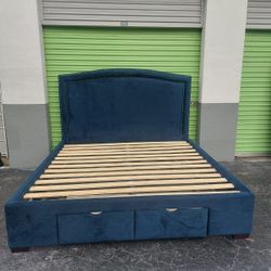 Blue King Bed Frame With 2 Drawers 
