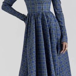 HOUSE OF CB 'Delia' Blue Tartan Midi Dress NWOT size M