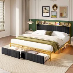 King Smart Platform Bed, Motion Sensor LED, Charging Headboard & Built-in Drawer Storage