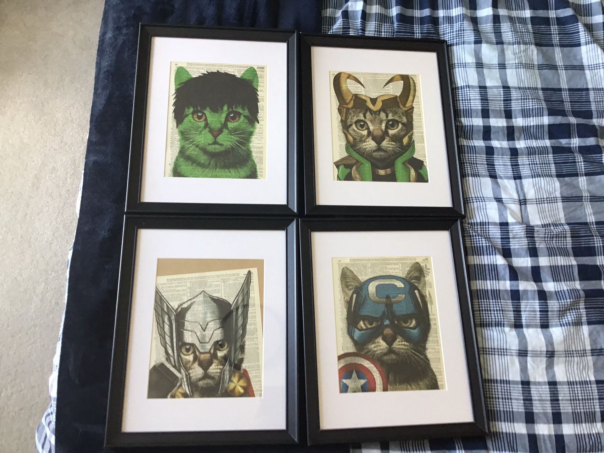 Cat Avengers - upcycled prints on dictionary pages (frames included)
