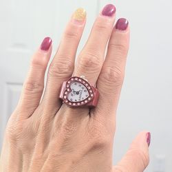Red Burgundy diamond Heart Shape face women's girl's Quartz ring watch Gift