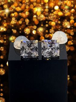 14k Solid Yellow Gold Emerald Cut Brilliant CZ 6x6mm Earrings, Aritos De Oro