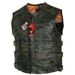 Men's Tactical Style Side Buckle Motorcycle Leather Vest Concealed Carry All Sizes
