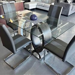 In  Stock 6 Chairs Temple Glass Dining Table 