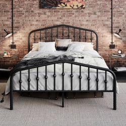 Queen Size Metal Bed Frame With Victorian Style Headboard