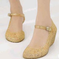 Jelly Sparkle Golden Wedge Sandals fits size 6-7