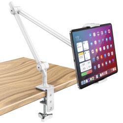 AboveTEK Tablet Stand Holder for Desk & Bed, Aluminum iPad Holder Arm with 360° Rotating Clamp, Adjustable Phone Stand Compatible with 4.7"-13.5" iPad