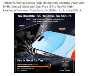iPhone 15 Pro Max Screen Protector,Durable and Drop-Proof with 9H Hardness,Bubble-and-Dust-Free 15 Pro Max HD High-Aluminum Tempered Glass, Easy Insta