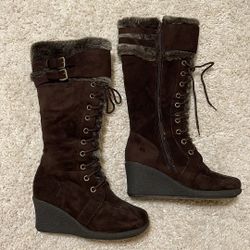 Knee high wedge boots faux fur brown fake  suede leather 7 women 