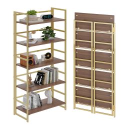 New Brown / Gold 5-Tier Folding Bookshelf 