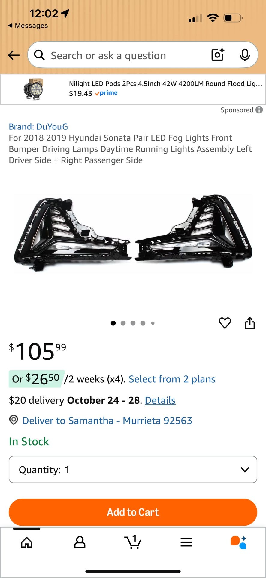 For 2018 2019 Hyundai Sonata Pair LED Fog Lights Front Bumper Driving Lamps Daytime Running Lights Assembly Left Driver Side + Right Passenger Side