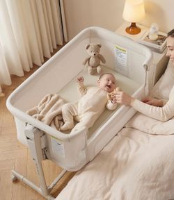 Baby Bassinet Bedside Sleeper 3-in-1, Easy Night Feeding with One-Side Fold & Rolling Wheels, Breathable Mesh, 6-Height Adjustable, Soft Mattress for 