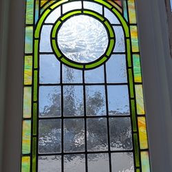 Vintage stained glass window Craftsman church style green arch top leaded glass 4' antique architectural salvage
