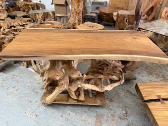 59”-27”-34” Live Edge Wood Slab Table with Root Base