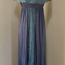 Gray Strapless Boho Peasant Maxi Dress Crochet Lace Ruffle Front Slit Womens L