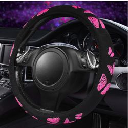 Black Steering Wheel Cover Pink Butterfly Embroidery